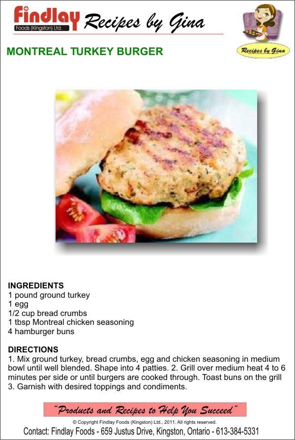 INGREDIENTS 1 pound ground turkey 1 egg 1/2 cup bread crumbs 1 tbsp Montreal chicken seasoning 4 hamburger buns DIRECTIONS 1. Mix ground turkey, bread crumbs, egg and chicken seasoning in medium bowl until well blended. Shape into 4 patties. 2. Grill over medium heat 4 to 6 minutes per side or until burgers are cooked through. Toast buns on the grill 3. Garnish with desired toppings and condiments.
